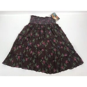 Lucy Love Brown Floral Knee Length Mexicali Skirt Womens Size S Stretchy Waist